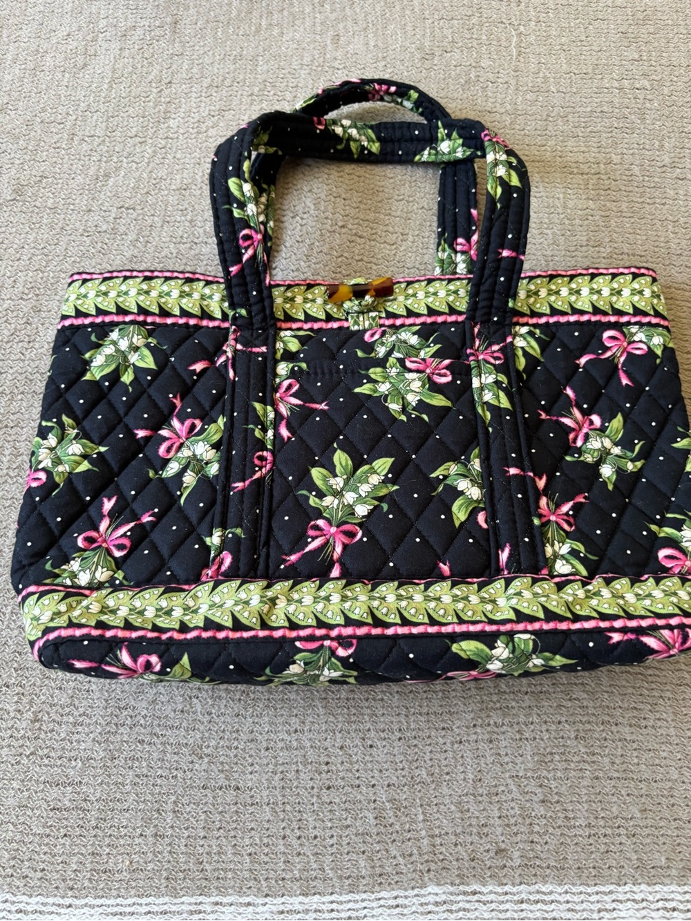 Vera Bradley Retired New Hope Black Quilted Tote with Pink Ribbon & Green Leaf